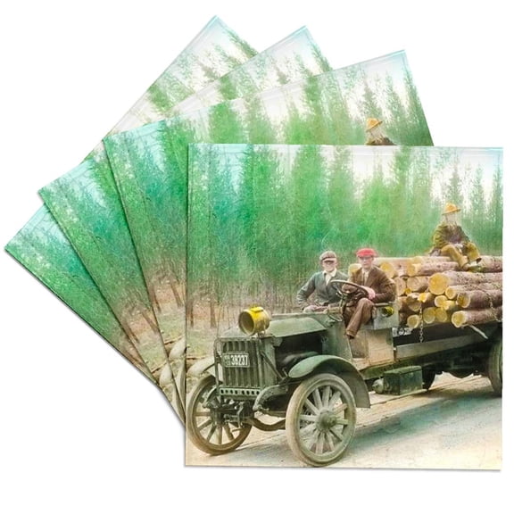 3dRose, Vintage Logging Truck Hand Colored Magic Lantern Slide, Set of 4 Ceramic Tile Coasters