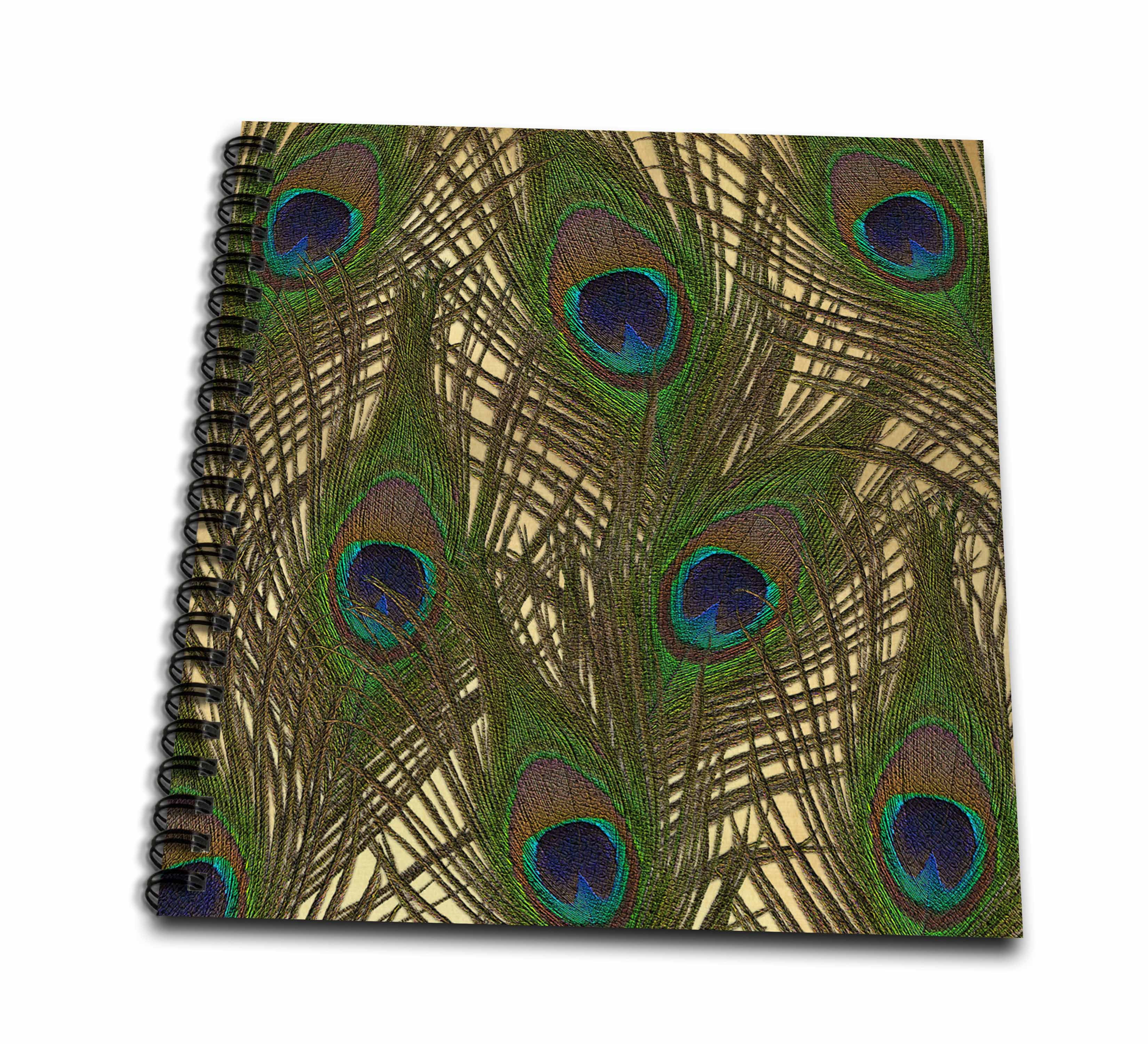 3dRose, Vintage Look Peacock Feathers Elegant, Memory Book 12 x 12 inch