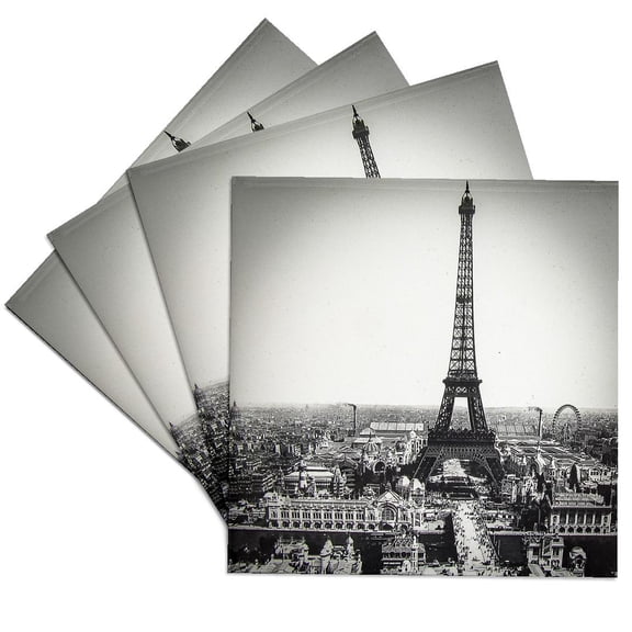 3dRose, Vintage Magic Lantern Slide Eiffel Tower Paris France 1889, Set of 4 Ceramic Tile Coasters