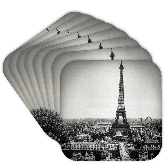 3dRose, Vintage Magic Lantern Slide Eiffel Tower Paris France 1889, Set of 8 Coasters - Soft