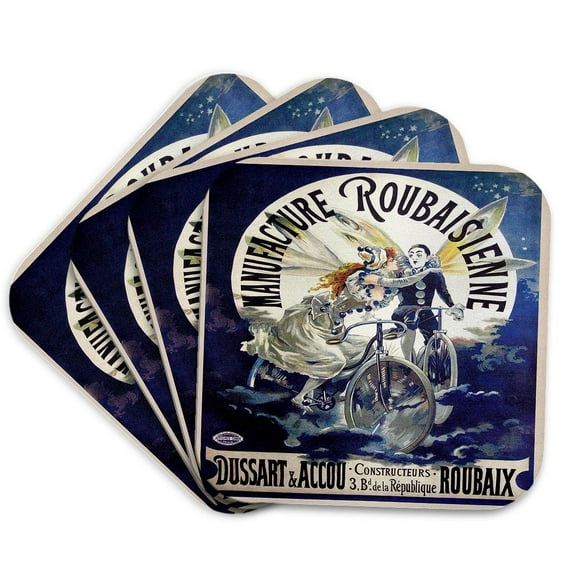3dRose, Vintage Manufacture Roubaisienne Bicycle French Poster, set of 4 Coasters - Soft