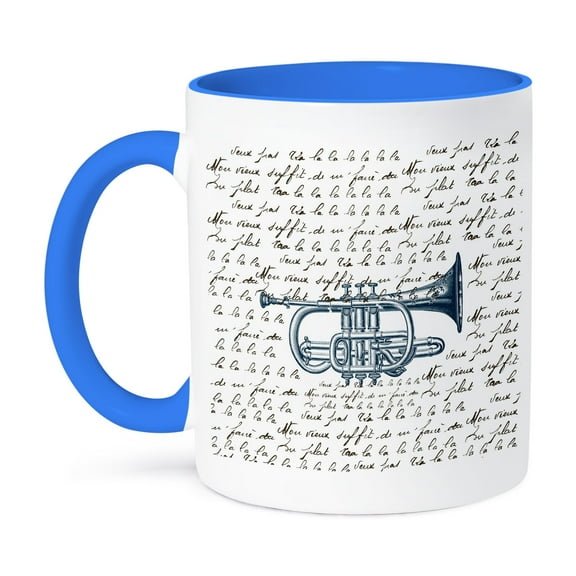 3dRose, Vintage Music Trumpet with song, 11oz Two-Tone Blue Mug
