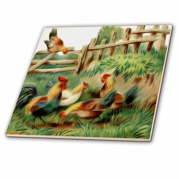 3dRose,  Vintage Digital Oil Painting Roosters Gather At The Farm, 6 Inch Ceramic Tile