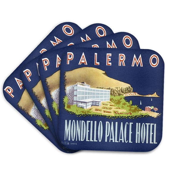 3dRose, Vintage Palermo Italy Mondello Palace Hotel Luggage Label, set of 4 Coasters - Soft