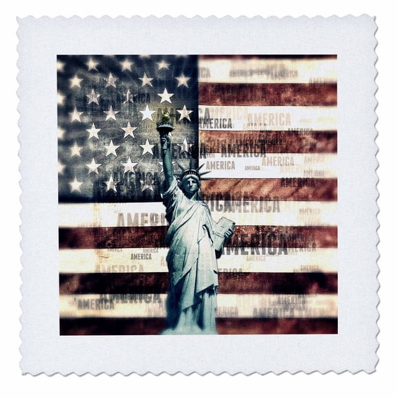 3dRose, Vintage Patriotic American Liberty - statue of liberty with American flag, 12x12 inch quilt square