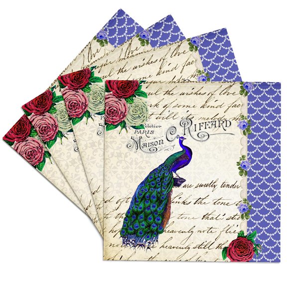 3dRose, Vintage Peacock on cream - Red Roses Flowers - Royal Blue - Fancy stylish elegant handwriting text, Set of 4 Ceramic Tile Coasters