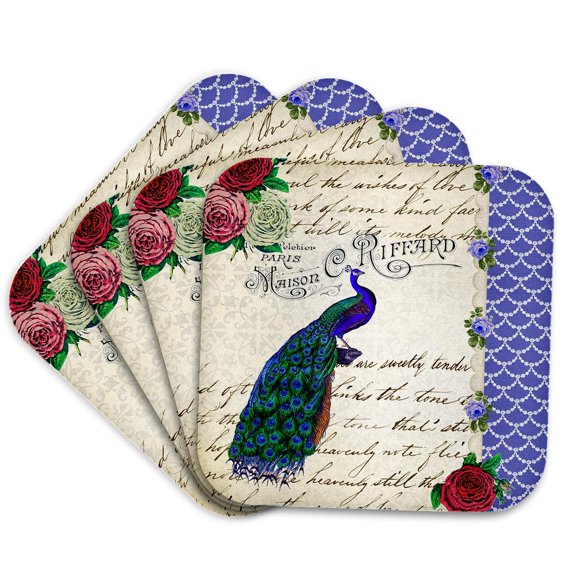 3dRose, Vintage Peacock on cream - Red Roses Flowers - Royal Blue - Fancy stylish elegant handwriting text, Set of 4 Coasters - Soft