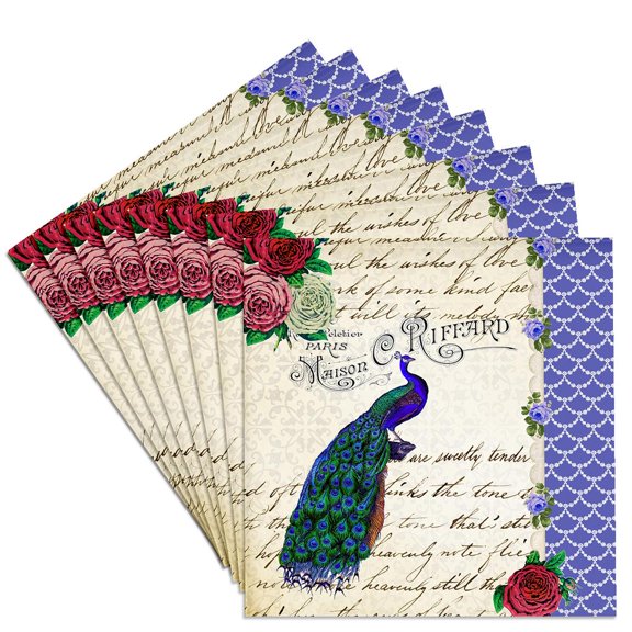 3dRose, Vintage Peacock on cream - Red Roses Flowers - Royal Blue - Fancy stylish elegant handwriting text, Set of 8 Ceramic Tile Coasters