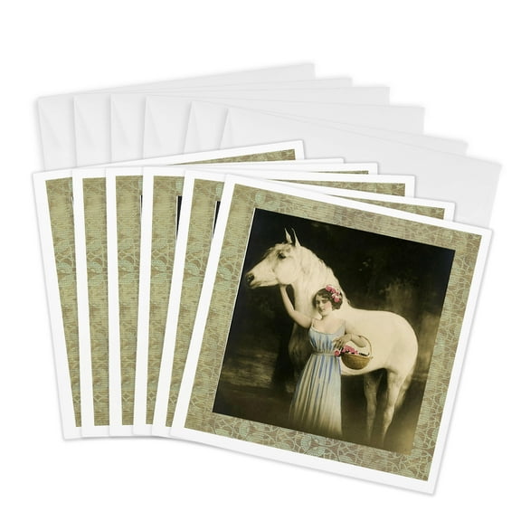 3dRose, Vintage Photo Girl and Horse, 6 Greeting Cards with envelopes