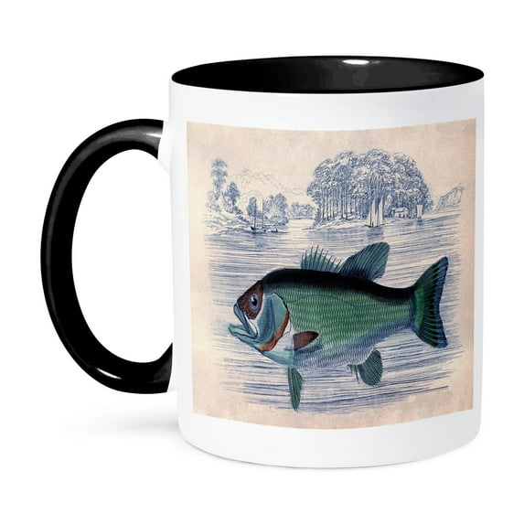 3dRose, Vintage Print of A Fish In A Lake With Sailboats, 11oz Two-Tone Black Mug