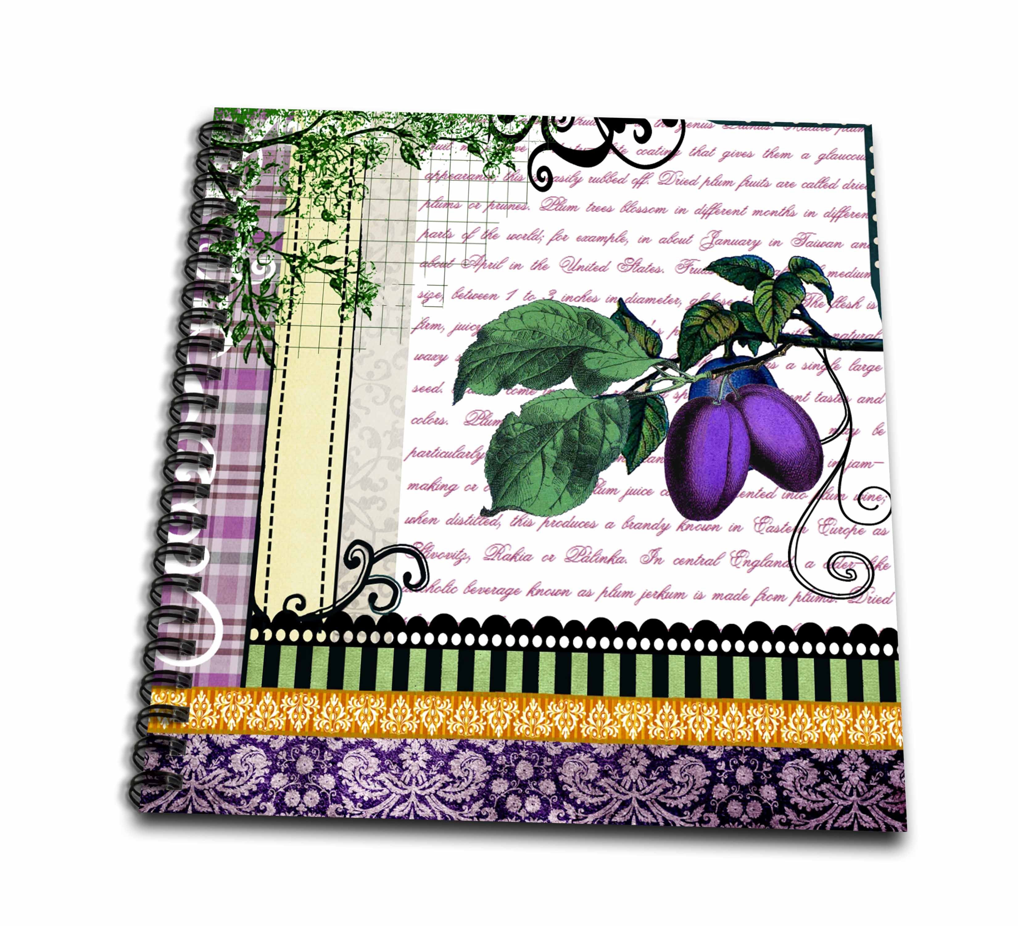 3dRose, Vintage Purple Plums Fruit with gothic black swirls and stylish scrapbook patterns - Kitchen art, Memory Book 12 x 12 inch
