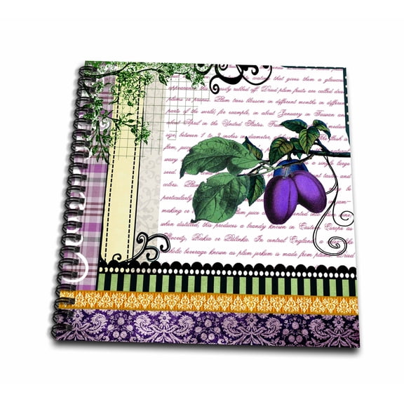 3dRose, Vintage Purple Plums Fruit with gothic black swirls and stylish scrapbook patterns - Kitchen art, Memory Book 12 x 12 inch