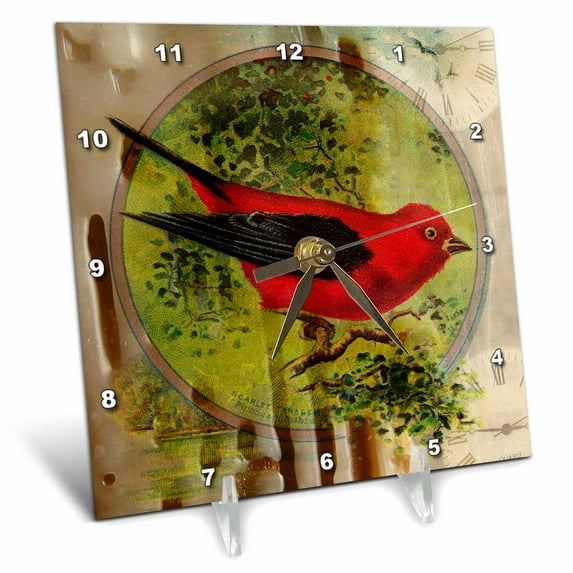 3dRose, Vintage Red Bird Mixed Media Digital Art by Angelandspot, 6x6 Desk Clock