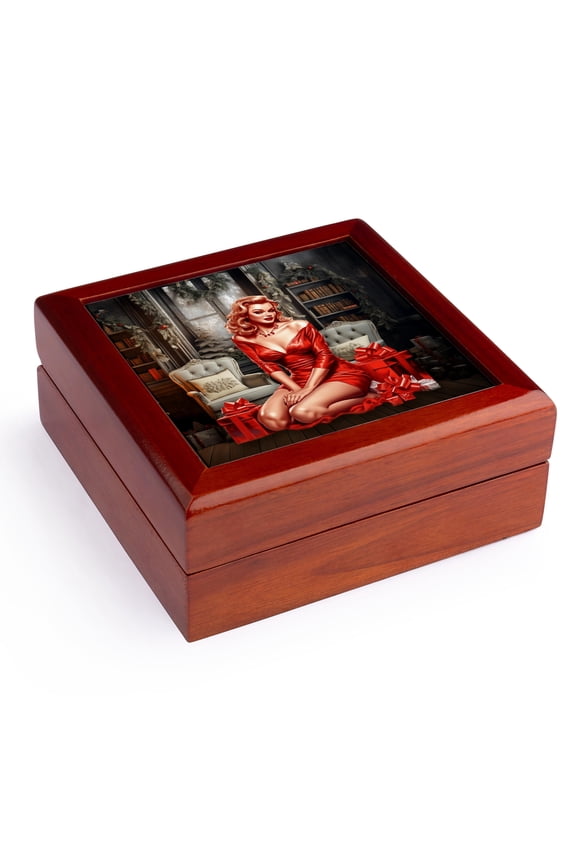 , Vintage Retro Pin Up Girl with Red Gifts for a Sexy Christmas for Him, Jewelry Box 5.5x5.5 inch with 4 inch tile