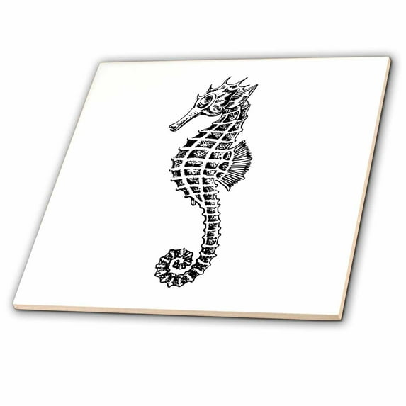 3dRose, Vintage Sea Horse Drawing In Black And White, 6 Inch Ceramic Tile
