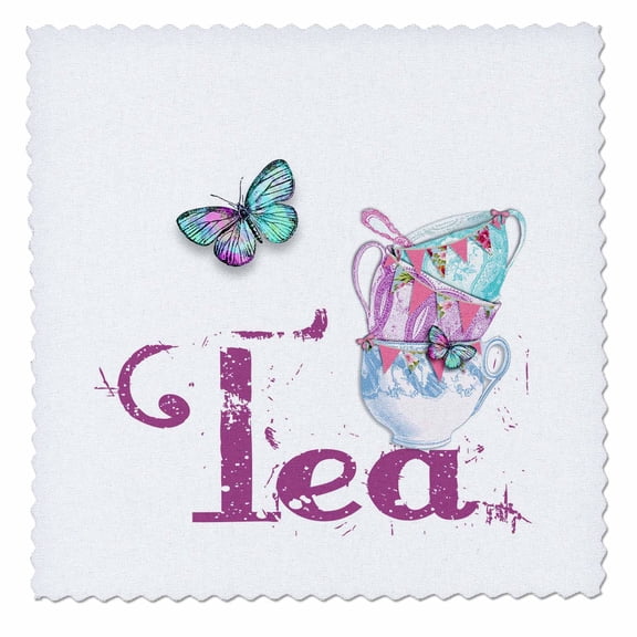 3dRose, Vintage Stack Of Tea Cups With The Word Tea, 10x10 inch quilt square