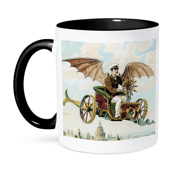 3dRose, Vintage Steampunk Flying Machine Dirigible Design, 11oz Two-Tone Black Mug