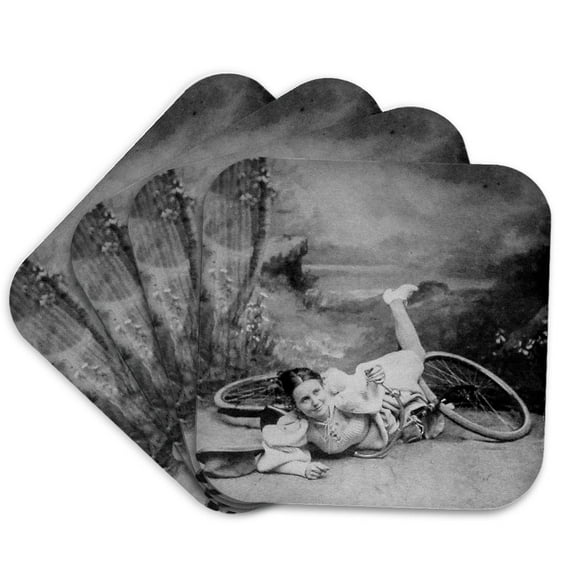 3dRose, Vintage Stereoview Card Lady in a Biking Accident Circa 1890s, set of 4 Coasters - Soft