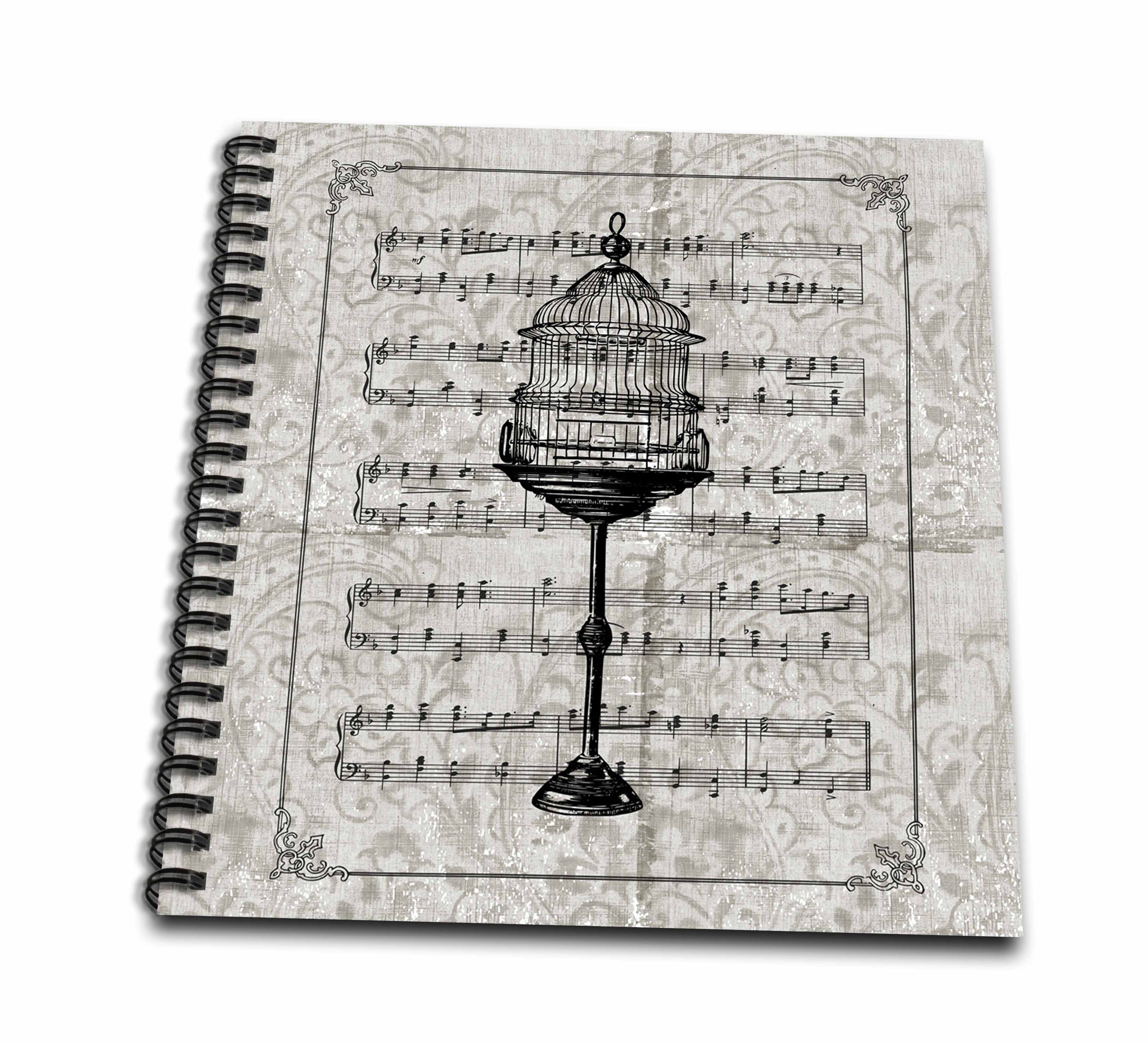 3dRose, Vintage Tall Bird Cage with Music Sheet, Memory Book 12 x 12 inch