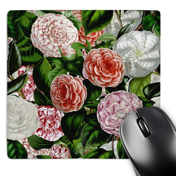3dRose, Vintage Victorian Flower Pattern - Pink And White Camellia Flowers, MousePad