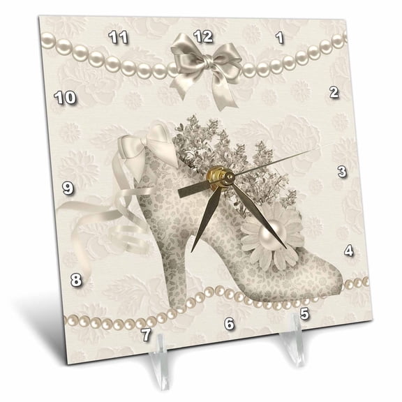 3dRose, Vintage Wedding Shoes for the Bride with Pearls, 6x6 Desk Clock