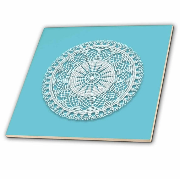 3dRose, Vintage White Cheese Doily Design on Blue Background, 12 Inch Ceramic Tile