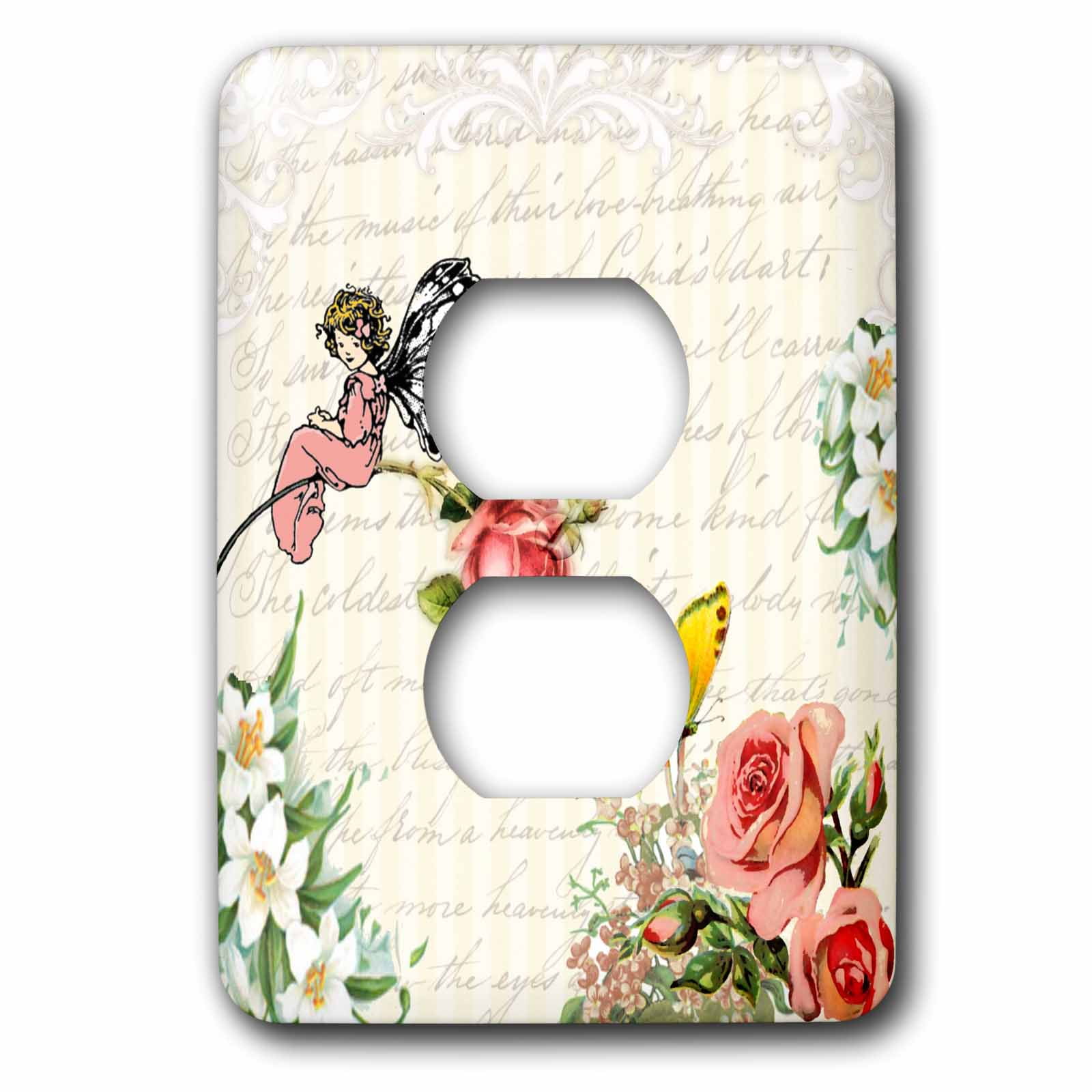 3dRose, Vintage cute fairy sitting on a rose in a flower garden - roses flowers butterfly writing collage, 2 plug outlet cover