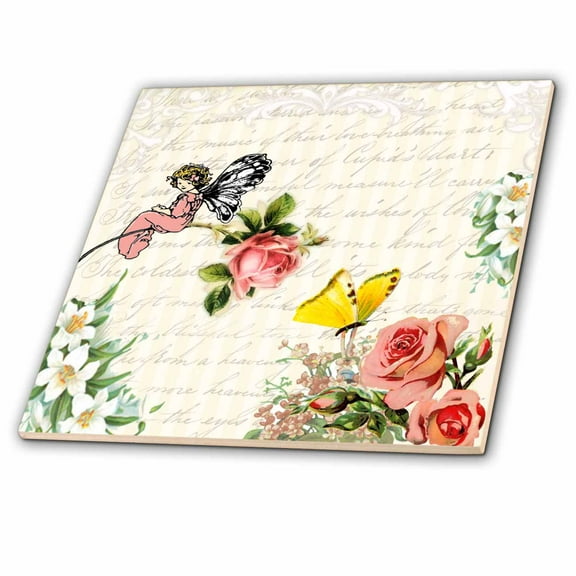 3dRose, Vintage cute fairy sitting on a rose in a flower garden - roses flowers butterfly writing collage, 12 Inch Ceramic Tile