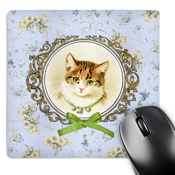 3dRose, Vintage cute kitten on pretty blue floral pattern with green ribbon bow graphic - tabby kitty cat, MousePad