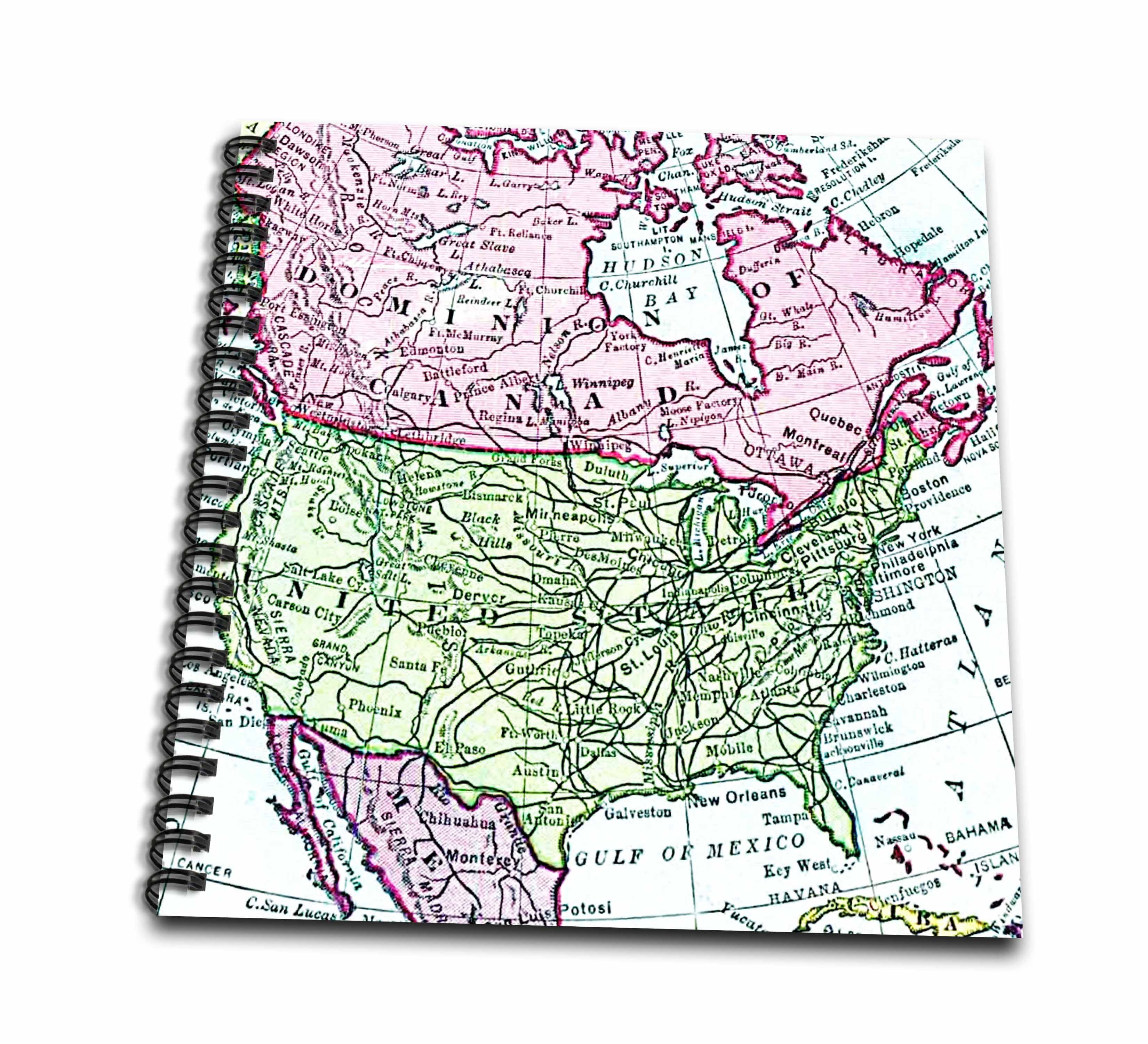 3dRose, Vintage map of North America - USA Canada Mexico - faded look geography travel maps pink green, Memory Book 12 x 12 inch