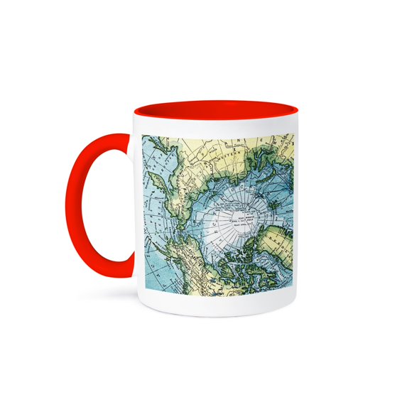 Vintage Map Of The North Pole Polar Cap Russia Northern America Greenland - Geography Travel Theme, 15oz Two-Tone Red Mug
