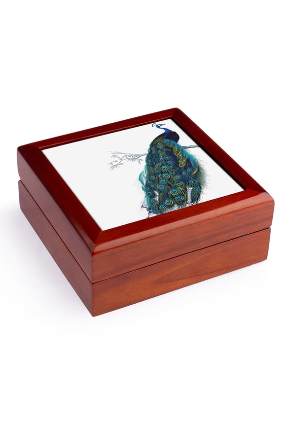 , Vintage peacock art - blue and green elegant stylish bird on branch beautiful tail feathers - white, Jewelry Box 5.5x5.5 inch with 4 inch tile