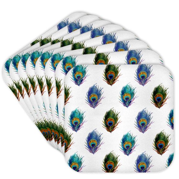 3dRose, Vintage peacock feather pattern - green blue teal turquoise feathers - elegant fancy classy stylish, Set of 8 Coasters - Soft