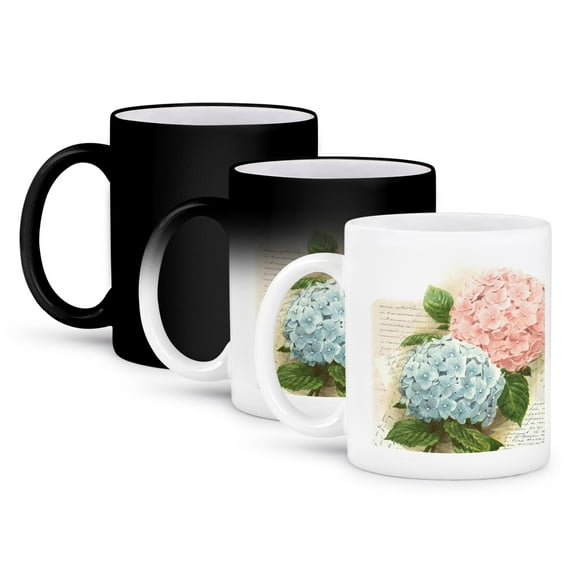 3dRose, Vintage pink and blue hydrangea floral, 11oz Magic Transforming Mug