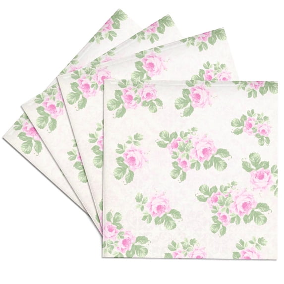 3dRose, Vintage pink roses pattern - rose flowers on light cream damask - shabby chic Sun-Faded look floral, Set of 4 Ceramic Tile Coasters