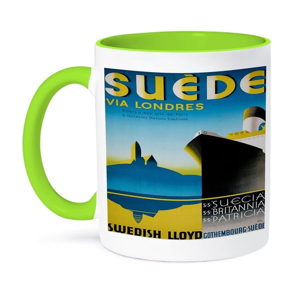 3dRose, Vintage suede Via Londres Swedish Lloyd Ocean Liner Poster, 11oz Two-Tone Green Mug