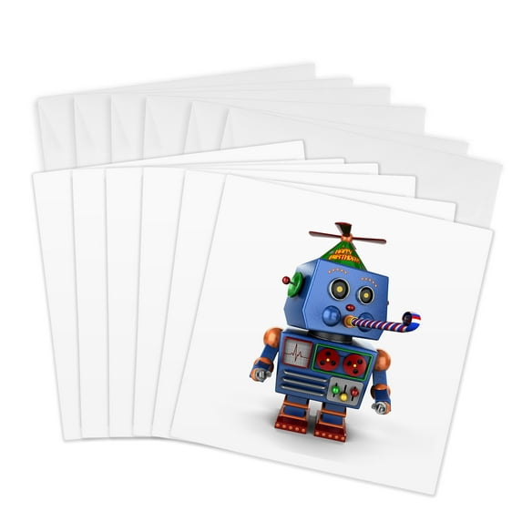 3dRose, Vintage toy robot with birthday party hat blowing a party favor celebration cute funny event, 6 Greeting Cards with envelopes