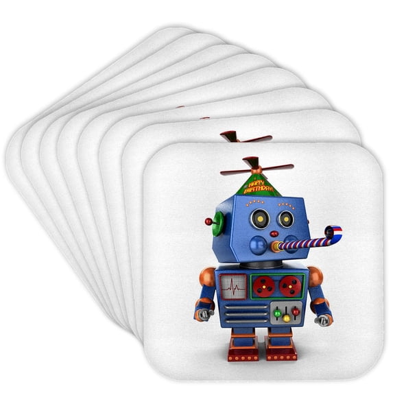 3dRose, Vintage toy robot with birthday party hat blowing a party favor celebration cute funny event, Set of 8 Coasters - Soft