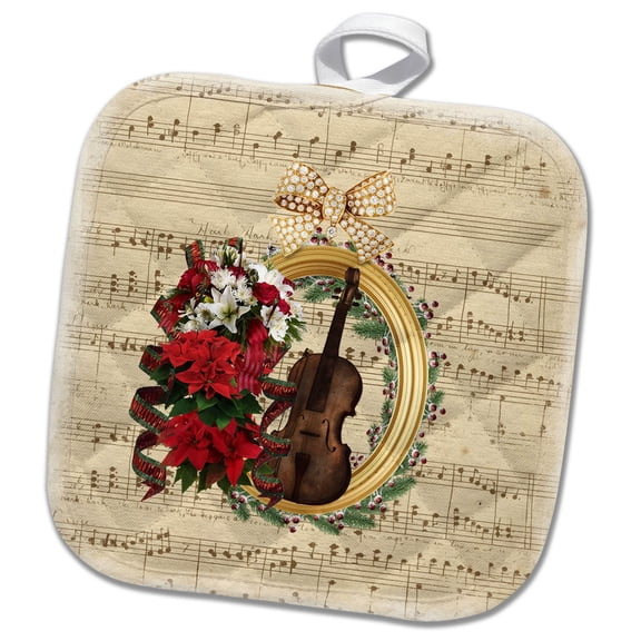 3dRose, Violin, Gold Oval Frame, Poinsettias, Ribbons, Berries, Music Design , 8x8 Potholder