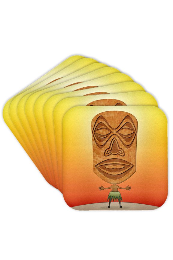, VooDoo Tiki Head voodoo villager with tribal mask standing in tropical environment, Set of 8 Coasters - Soft