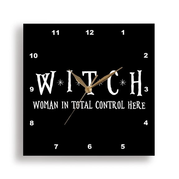 3dRose, WITCH Woman In Total Control Here on a black background., 15x15 Wall Clock