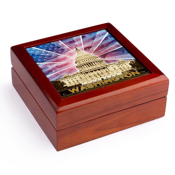 3dRose, Washington DC patriotic American flag with Bald Eagle and Capitol building, Jewelry Box 5.5x5.5 inch with 4 inch tile