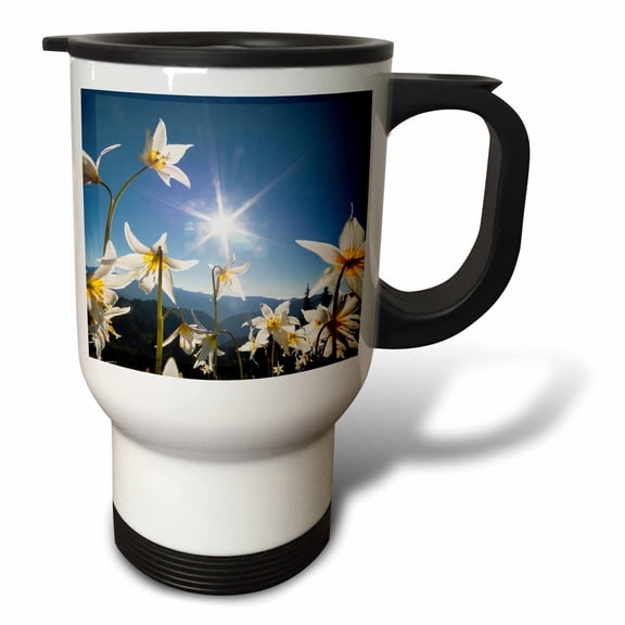 3dRose, Washington State. Avalanche Lilies against a sunburstat Olympic N.P., 14oz Stainless Steel Travel Mug