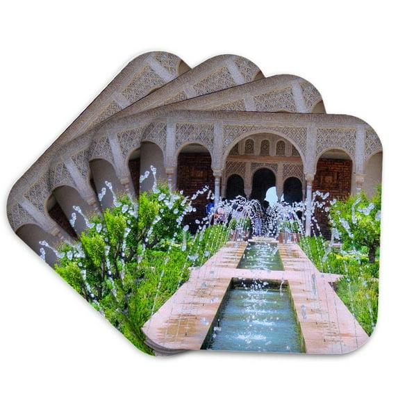 3drose, Water Fountains at Alhambra Palace Gardens in Grenada Spain - Islamic Turkish Muslim Fretwork Arches, Set of 4 Coasters - Soft