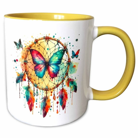 3drose, Watercolor Illustration of a Butterfly Dreamcatcher, 15oz Two-tone Yellow Mug