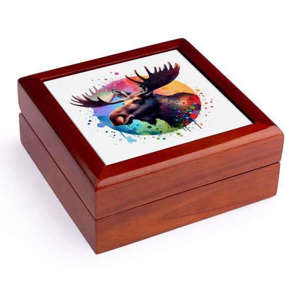 3dRose, Watercolor Illustration Of A Moose, Jewelry Box 5.5x5.5 inch with 4 inch tile