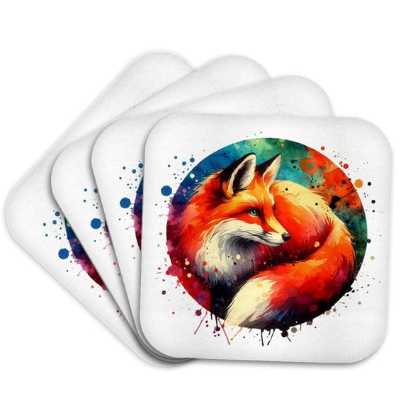 3drose, Watercolor Illustration of a Red Fox with White Tipped Tail, Set of 4 Coasters - Soft