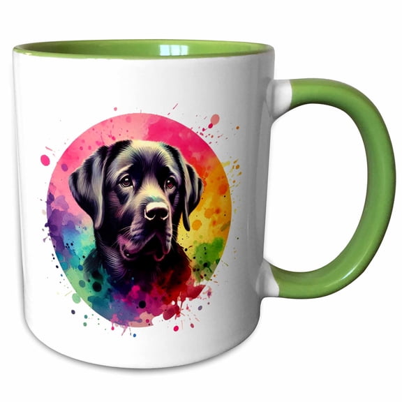 3drose, Watercolor Illustration of a Black Labrador Dog, 15oz Two-tone Green Mug
