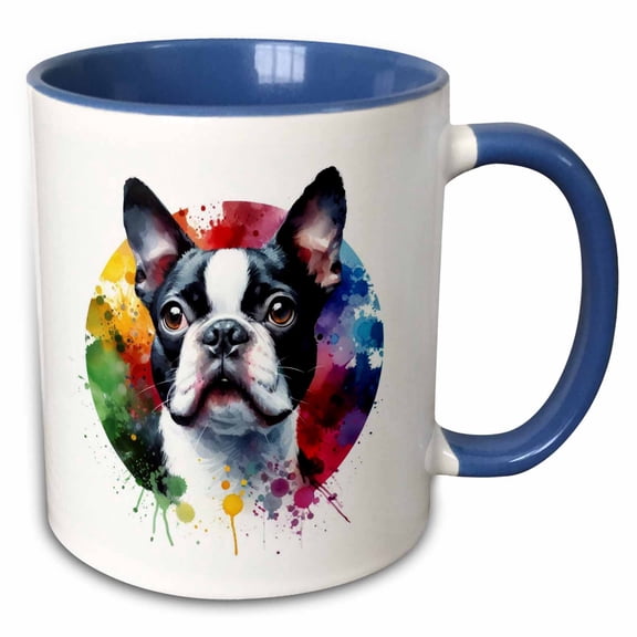3drose, Watercolor Illustration of a Boston Terrier Dog, 15oz Two-tone Blue Mug