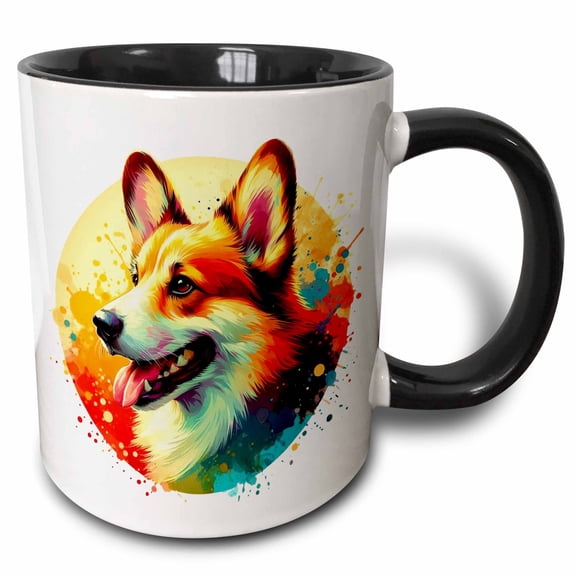 3drose, Watercolor Illustration of a Welsh Corgi Dog, 15oz Two-tone Black Mug